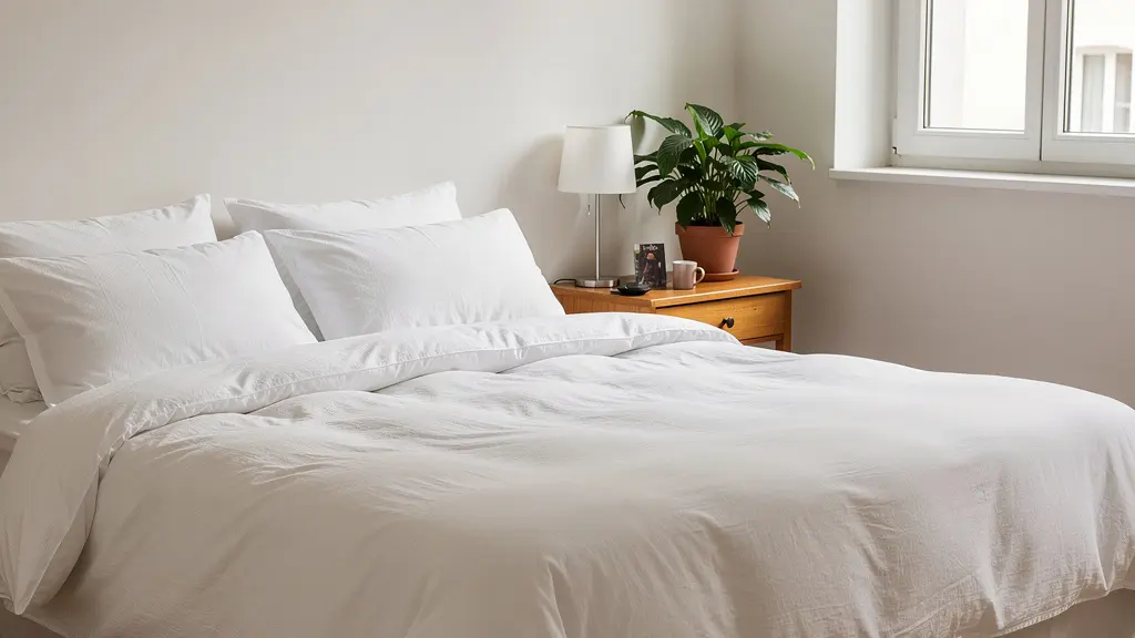 Chambre moderne avec lit double habillé d'une housse de couette blanche en coton