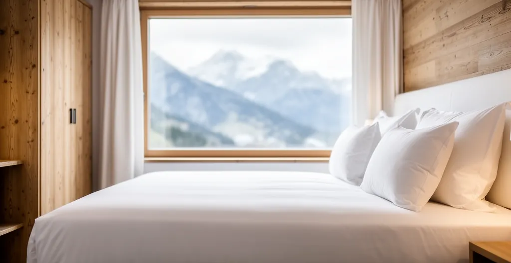 Lit fait avec parure percale blanche dans une chambre lumineuse de style alpin