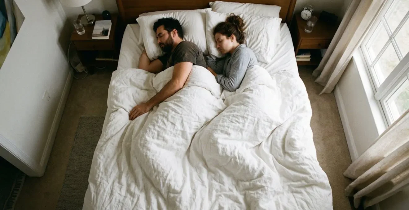 Un couple endormi dans un grand lit, la couette retombant largement de chaque côté du matelas dans une lumière matinale douce