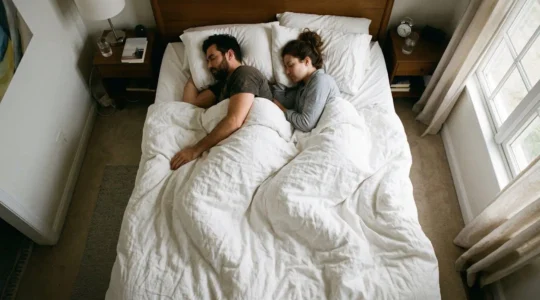 Un couple endormi dans un grand lit, la couette retombant largement de chaque côté du matelas dans une lumière matinale douce