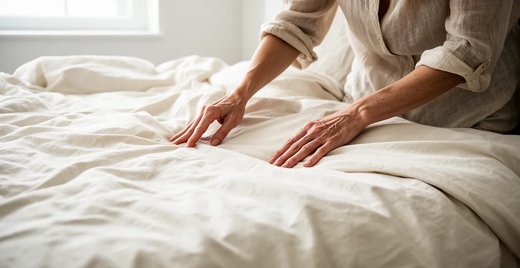 Femme appréciant le toucher d'une housse de couette percale 80 fils dans une chambre lumineuse