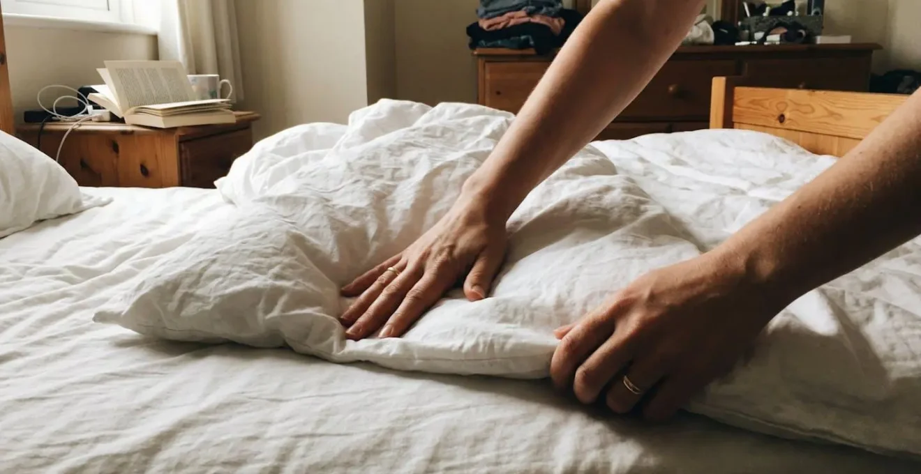 Deux mains ajustant une housse de couette blanche sur un matelas dans une chambre lumineuse