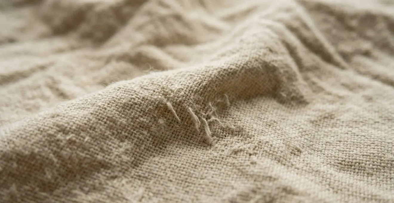 Gros plan sur un tissu coton légèrement froissé, montrant la texture du tissage sous une lumière naturelle rasante
