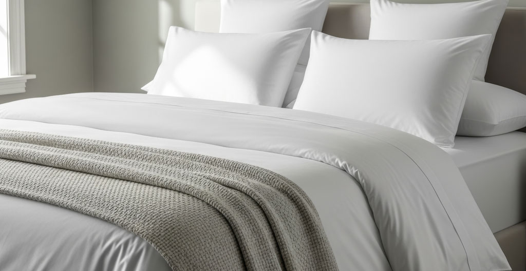 Gros plan sur un tissu coton légèrement froissé, montrant la texture du tissage sous une lumière naturelle rasante