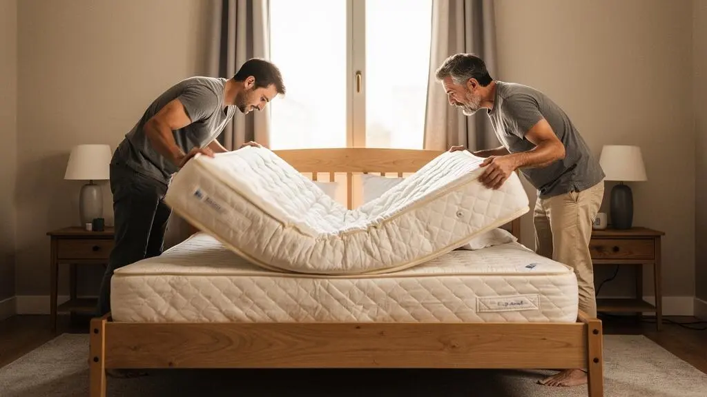 Couple retournant ensemble un matelas sur un cadre de lit