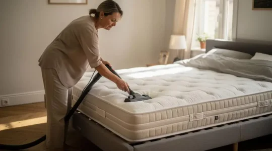 Femme utilisant un aspirateur pour nettoyer la surface d'un matelas dans une chambre