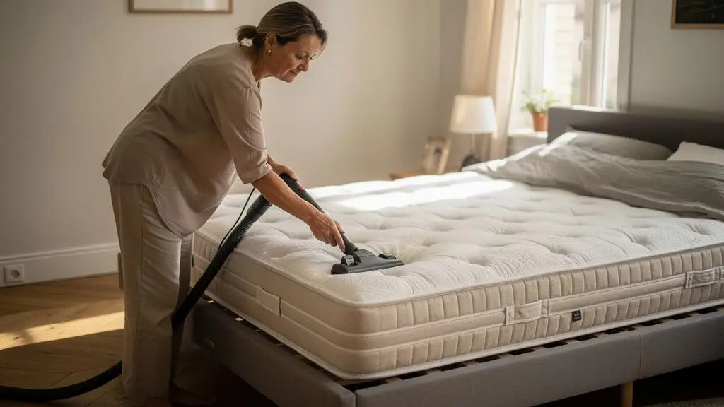 Femme utilisant un aspirateur pour nettoyer la surface d'un matelas dans une chambre