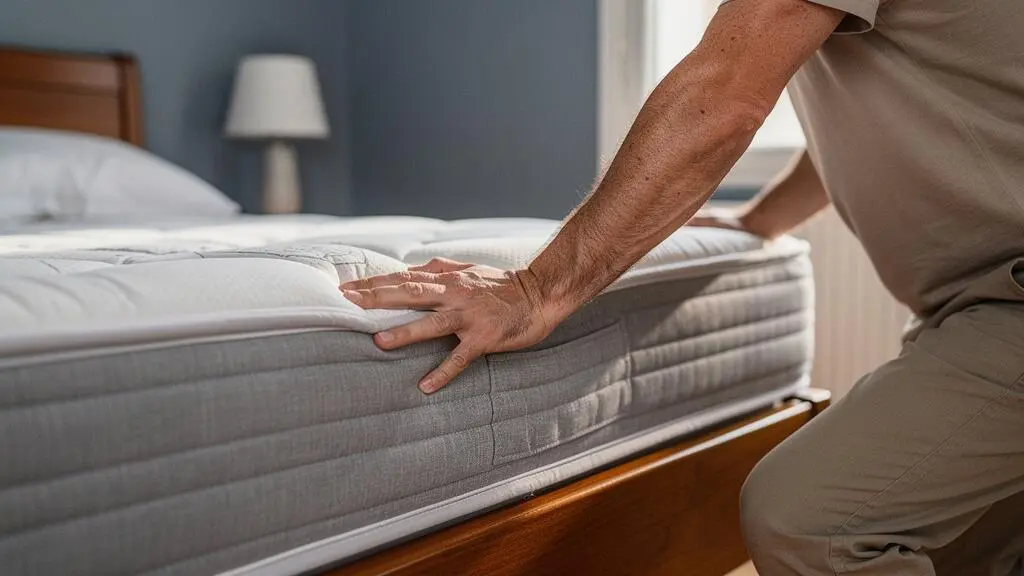 Homme testant la fermeté d'un matelas en appuyant sa main sur la surface