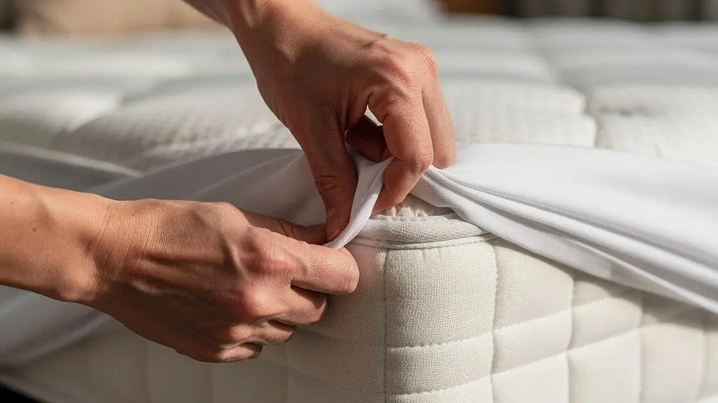 Mains installant une housse de protection sur le coin d'un matelas
